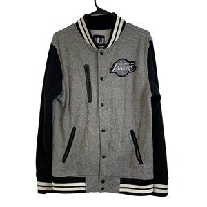 NBA Mens Los Angeles Lakers Varsity Jacket Size M Snap Fleece Lined EUC 7166